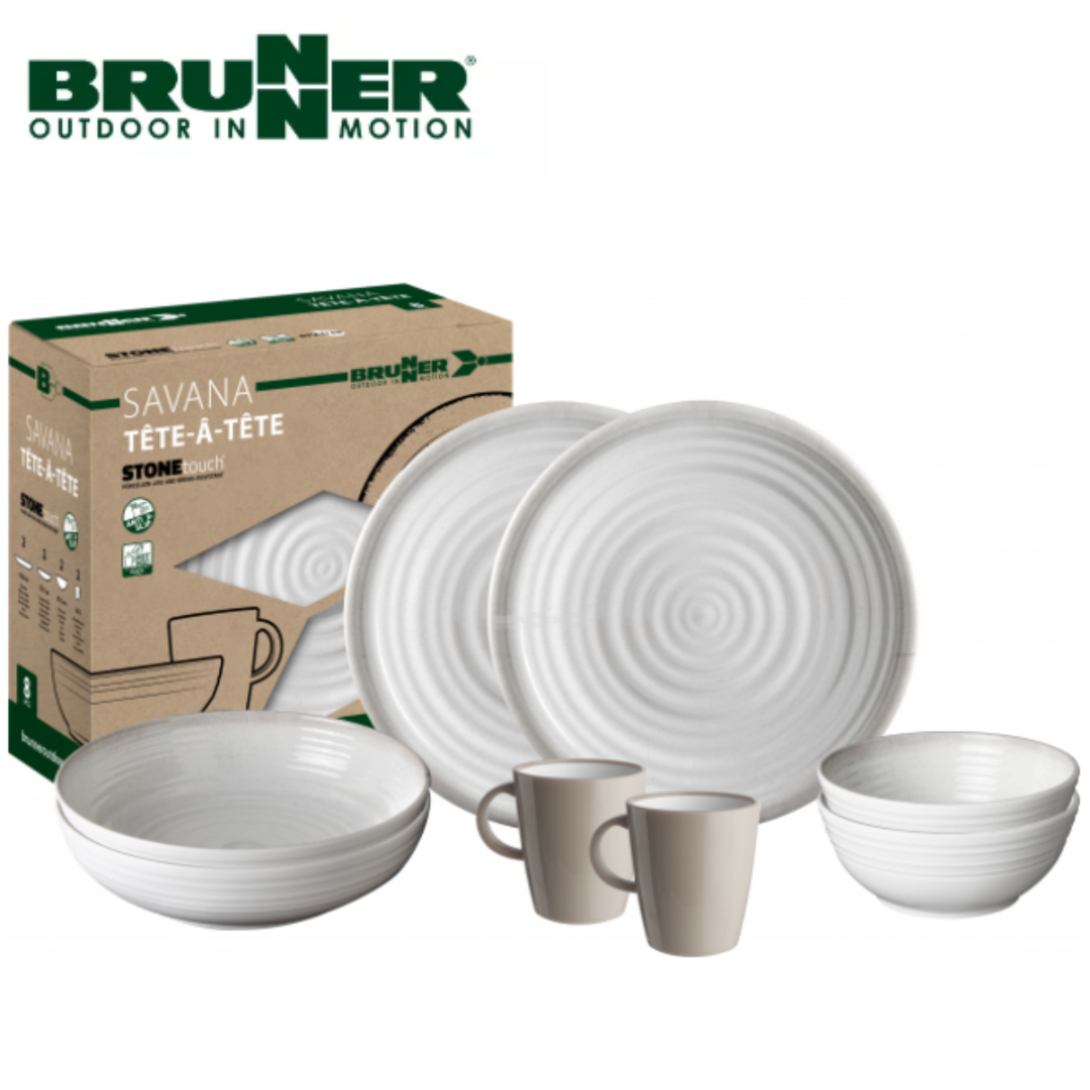 Brunner Svana Tete-A-Tete 8-piece melamine dinnerware set with plates and bowls in a sleek, modern design.