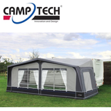 Camptech Savanna DL Full Awning attached to a camper, showcasing its fabric and structural design for outdoor camping and shade.
