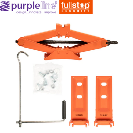Purpleline caravan scissor jack with a sturdy design, showcasing the lifting mechanism and construction.