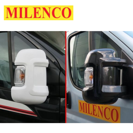 Milenco short arm mirror protector for Fiat, Citroen, and Peugeot vehicles, showcasing durable black design.
