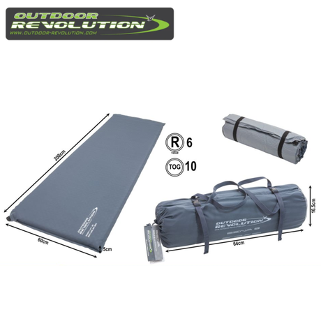 Outdoor Revolution Siena single 50mm self-inflating camping mat laid out on the ground, showcasing its compact, padded design.