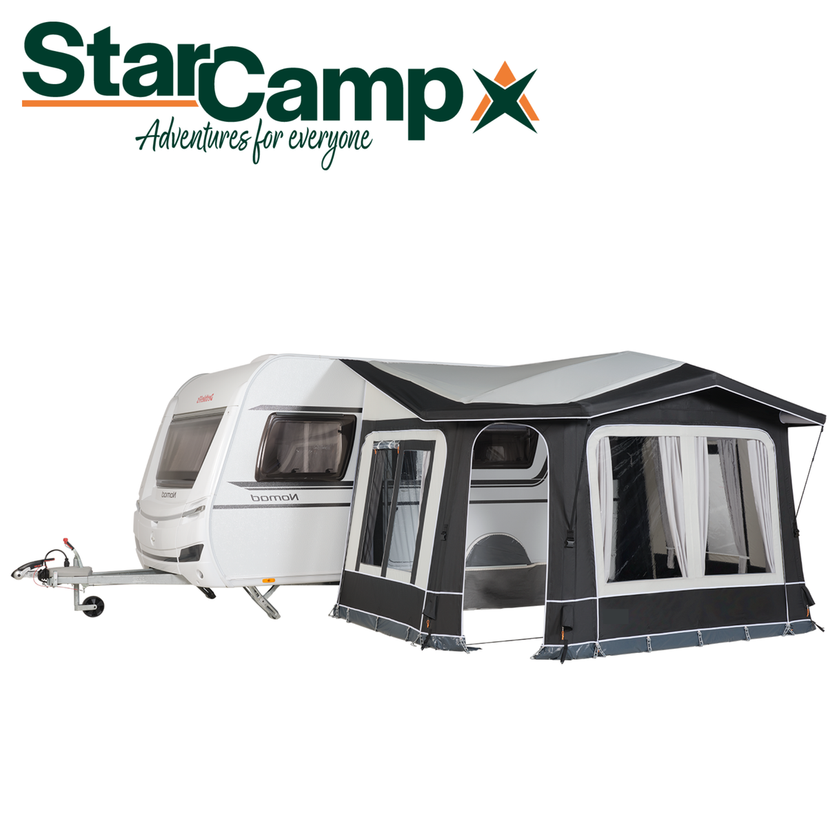 StarCamp Siesta Air Porch Awning set up outside, showcasing its spacious design and air-filled structure for camping.