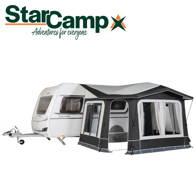 StarCamp Siesta Air Porch Awning set up outside, showcasing its spacious design and air-filled structure for camping.