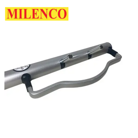 Milenco high security steering wheel lock in silver, designed for maximum vehicle protection and visible locking mechanism.