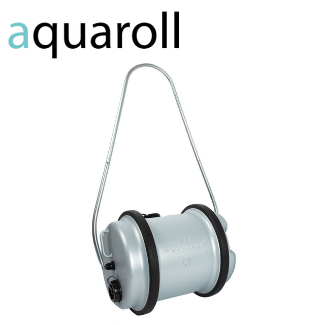 Hitchman 40L Aqua Roll in silver, featuring a sturdy design and easy-grip handle for water transport.