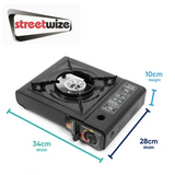 Streetwize single gas stove with compact design, featuring a burner and control knob for portable outdoor cooking.