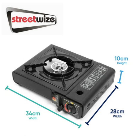 Streetwize single gas stove with compact design, featuring a burner and control knob for portable outdoor cooking.
