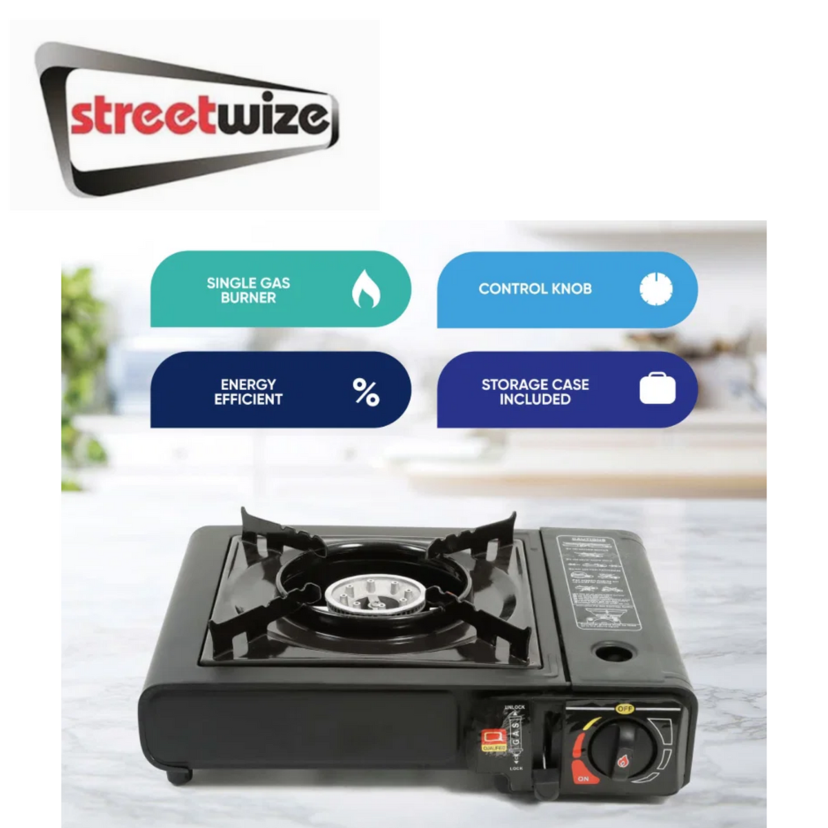 Streetwize single gas stove with compact design, metal burner, and control knob, ideal for outdoor cooking and camping.