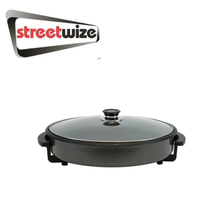 Streetwize electric skillet with a non-stick cooking surface, adjustable temperature control, and a glass lid for versatile cooking.