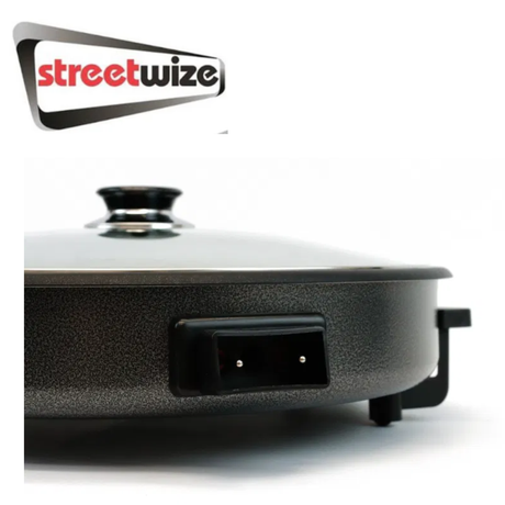 Streetwize electric skillet with adjustable temperature control, non-stick cooking surface, and stainless steel exterior.