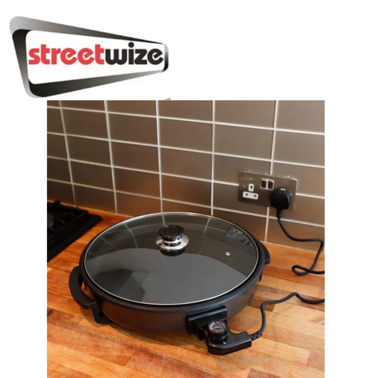Streetwize electric skillet with a non-stick cooking surface and adjustable temperature control, ideal for versatile cooking.