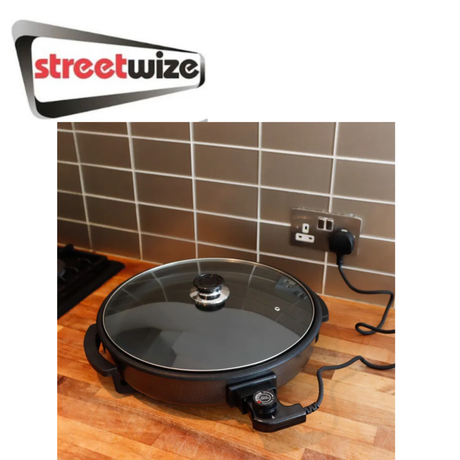 Streetwize electric skillet with a non-stick cooking surface and adjustable temperature control, ideal for versatile cooking.