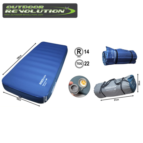 Outdoor Revolution Skyfall Midi 200 self-inflating sleeping mat laid out on a campsite, showcasing its compact design and comfortable surface.