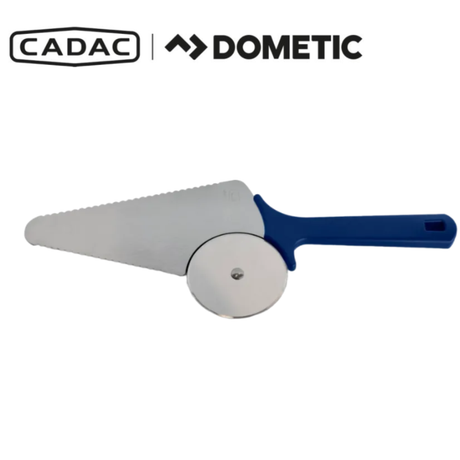 Cadac Dometic 2 in 1 Pizza Slicer with a sharp stainless steel blade and ergonomic handle, ready to cut pizza slices.