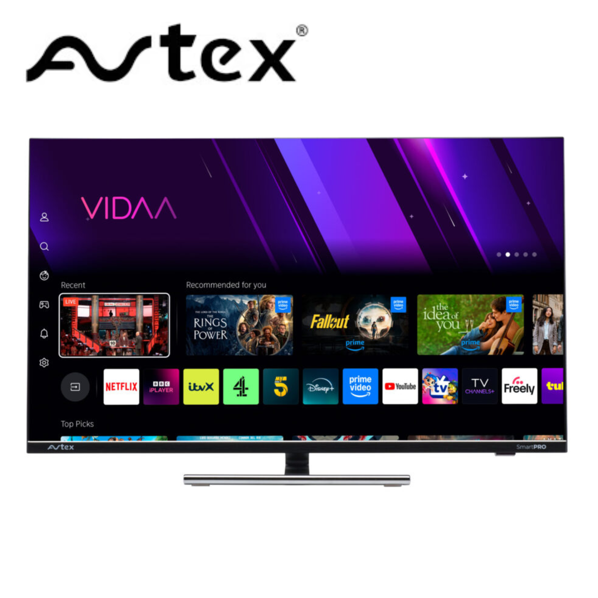 Avtex SmartPRO HD TV platform with sleek front view, featuring controls and screen for seamless smart TV experience.