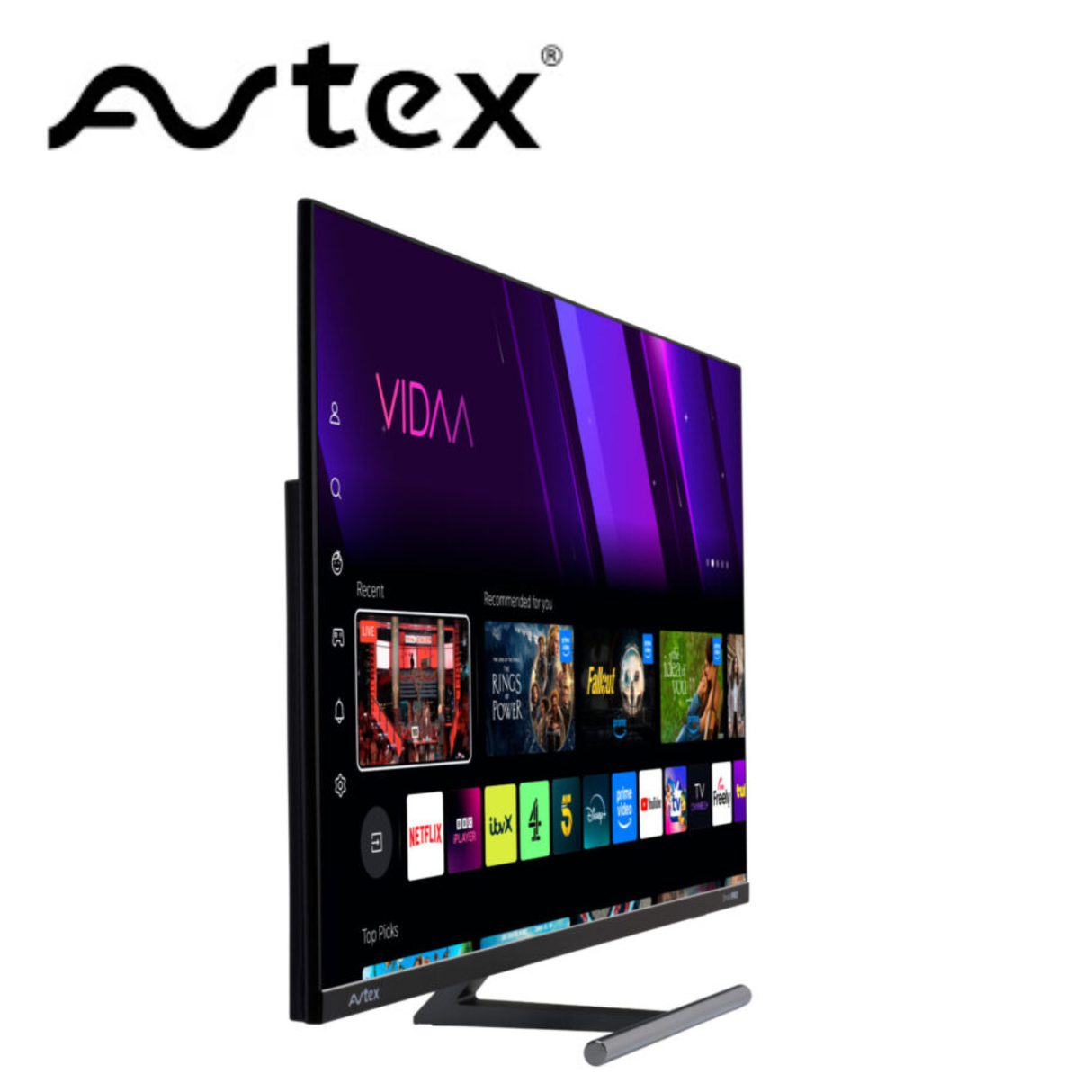 Side view of Avtex AVTEX SmartPRO HD TV with Freely TV platform, showcasing sleek design and display features.