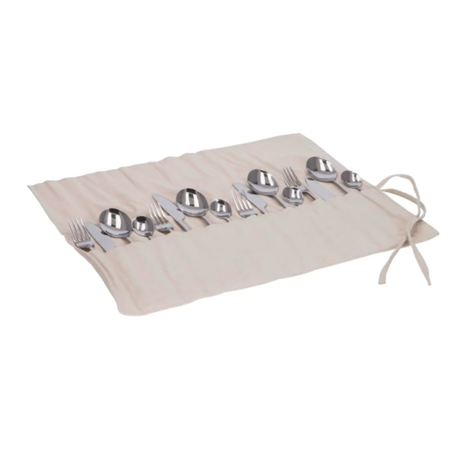 Travellife Altea 16-piece stainless steel cutlery set with forks, knives, spoons, and teaspoons arranged on a flat surface.