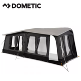 Dometic Residence Air Stay awning attached to a recreational vehicle, providing shaded outdoor space with durable fabric and streamlined design.
