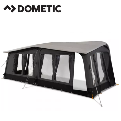 Dometic Residence Air Stay awning attached to a recreational vehicle, providing shaded outdoor space with durable fabric and streamlined design.