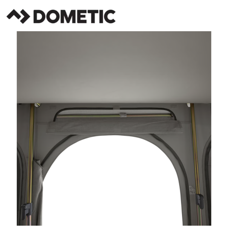 Dometic Stuga Rest Awning set up on a caravan, providing shade and shelter with durable fabric and sturdy support poles.