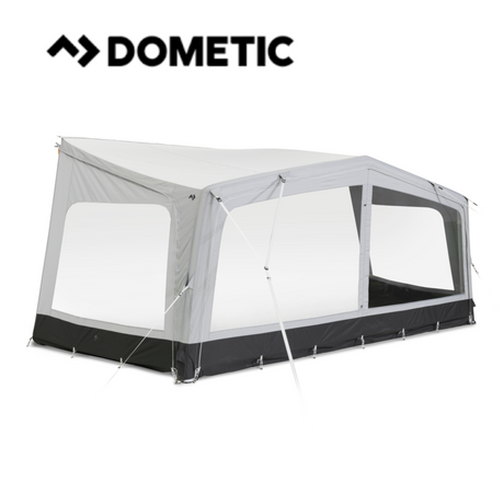 Dometic Sunshine Tour air canopy featuring front and side panels set up in a sunny outdoor setting.