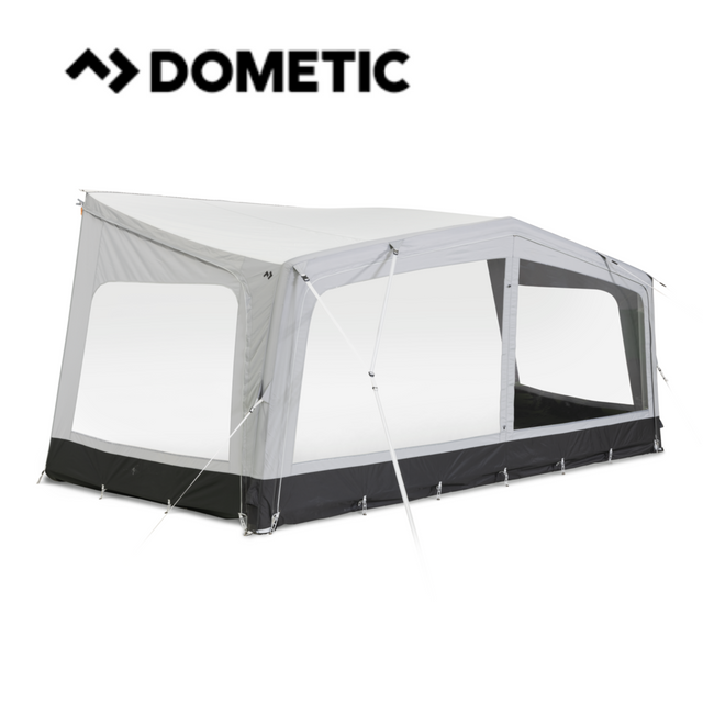 Dometic Sunshine Tour air canopy featuring front and side panels set up in a sunny outdoor setting.