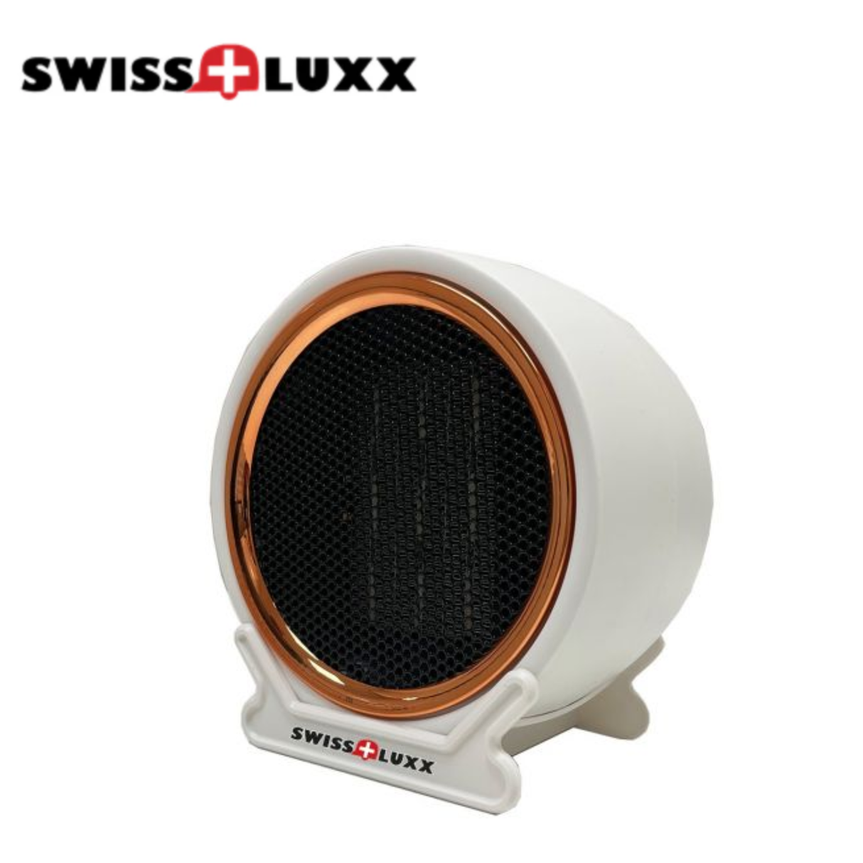 Swiss Luxx compact PTC ceramic heater with white finish, low wattage design, ideal for space heating and energy efficiency.