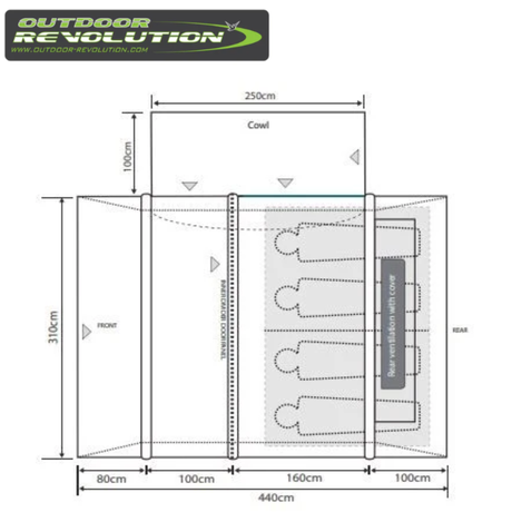 Outdoor Revolution Cayman Air T3 Mid driveaway awning with attached footprint, featuring spacious design and durable fabric for outdoor camping.