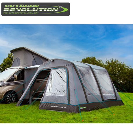 Outdoor Revolution Cayman Air T3 Mid driveaway awning with footprint, featuring spacious design and durable fabric for outdoor camping.