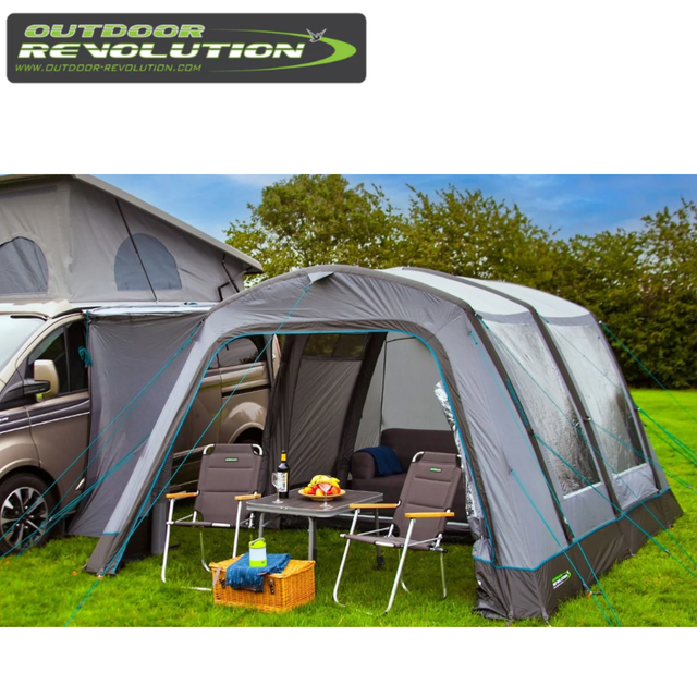 Outdoor Revolution Cayman Air T3 Mid driveaway awning with footprint, showing the spacious fabric and air frame setup for camping.