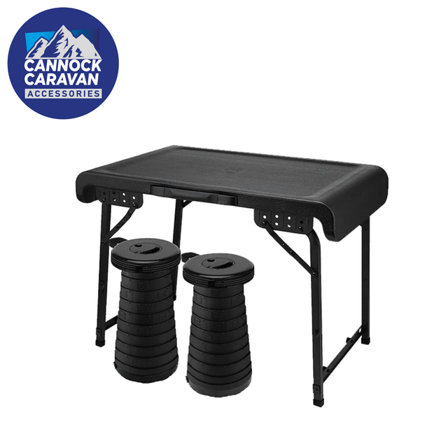 Pack N Go Fuji Table & Stools set featuring a compact design and durable materials, perfect for outdoor use.