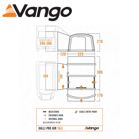 Vango Galli Air Pro Tall Driveaway Awning set up beside a campervan, showcasing its spacious design and durable material.