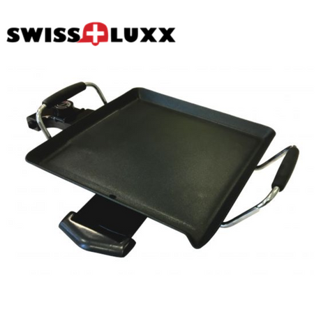 Swiss Luxx Tappanyaki Grill 1500W with cooking surface, knobs, and heat indicators on a sleek design.