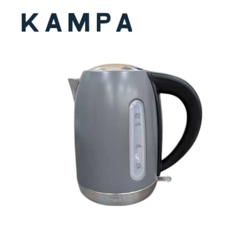 Grey Kampa Tempest 1.7L kettle with a sleek handle and spout, ready for boiling water.