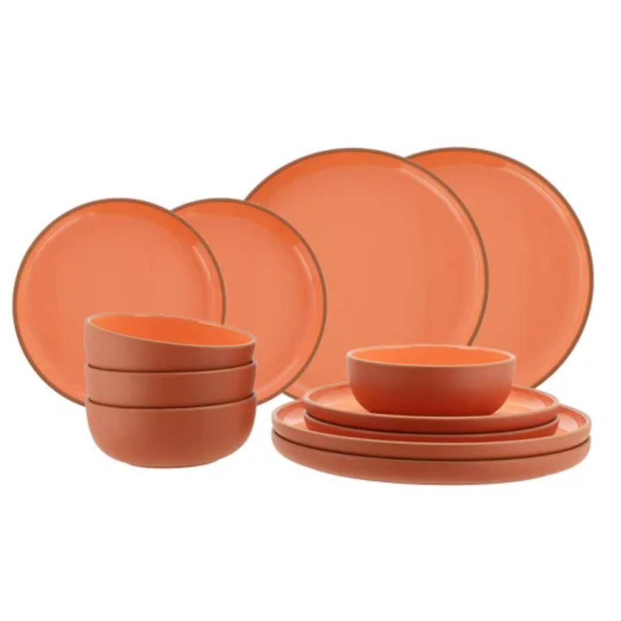 Travellife Avila 12-piece terracotta dinner plate set with matching bowls and cups, perfect for stylish table settings.