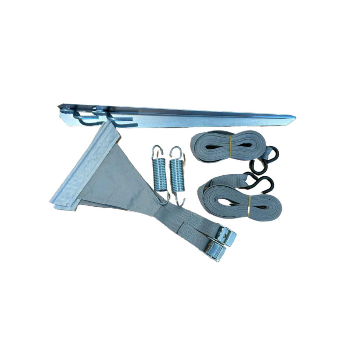 PLS Fiamma/Thule Tie Down Kit with straps and hooks for secure cargo fastening in outdoor settings.