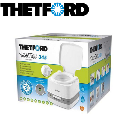 Thetford Porta Potti 345 Qube portable toilet with a modern design, compact size, and user-friendly features.