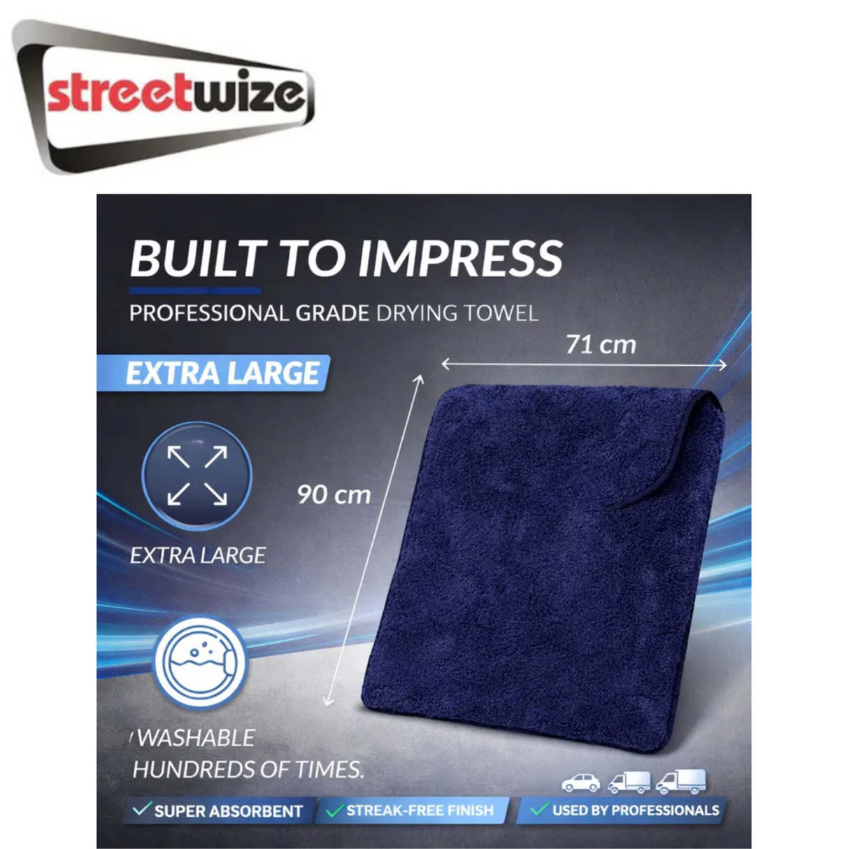 Streetwize extra large ultra absorbent drying towel draped over a vehicle, showcasing its size and soft, plush fabric.