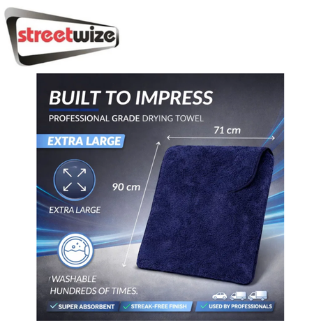 Streetwize extra large ultra absorbent drying towel draped over a vehicle, showcasing its size and soft, plush fabric.