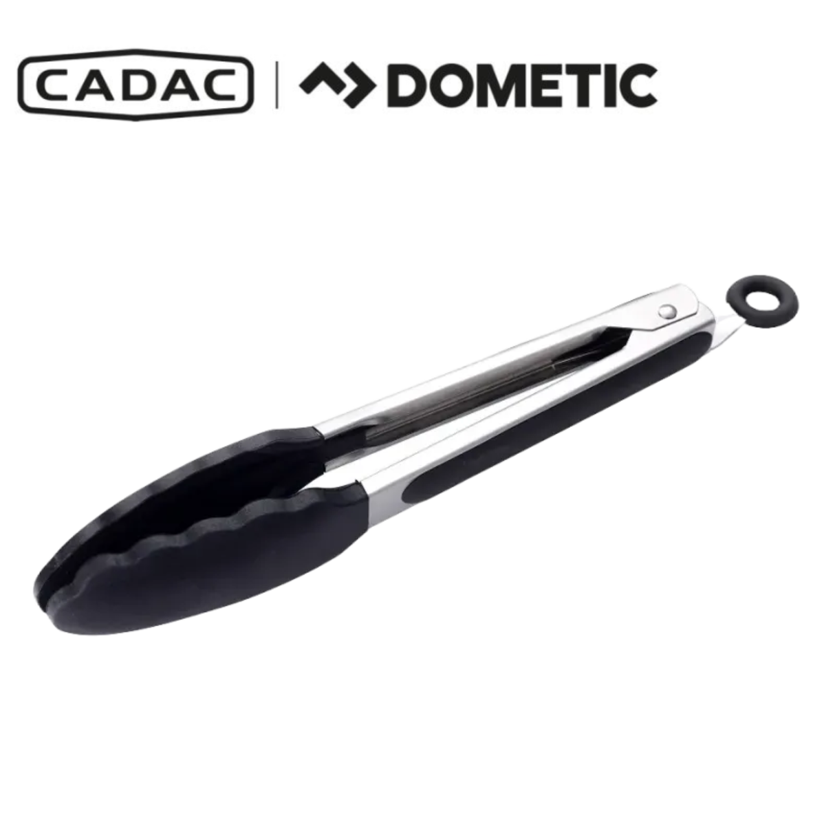 Cadac Dometic silicone tongs for grilling and cooking, featuring heat-resistant silicone tips and stainless steel handles.