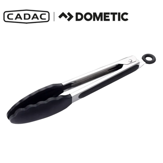 Cadac Dometic silicone tongs for grilling and cooking, featuring heat-resistant silicone tips and stainless steel handles.