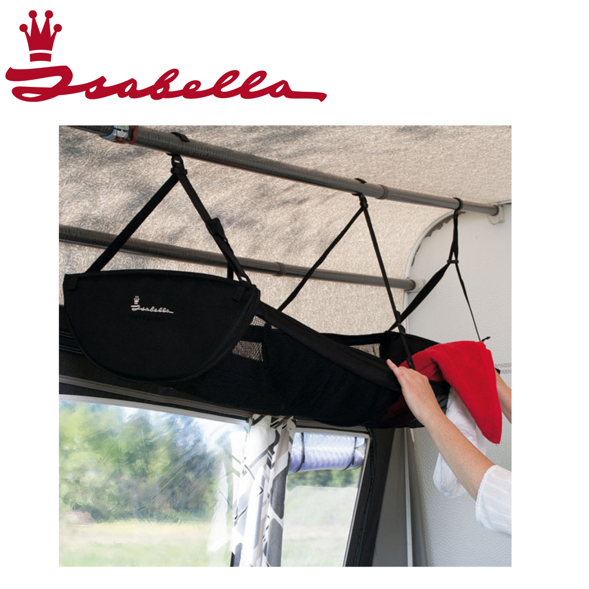 Isabella Top Organizer in black with multiple compartments and adjustable straps, ideal for organizing kitchen or office supplies.