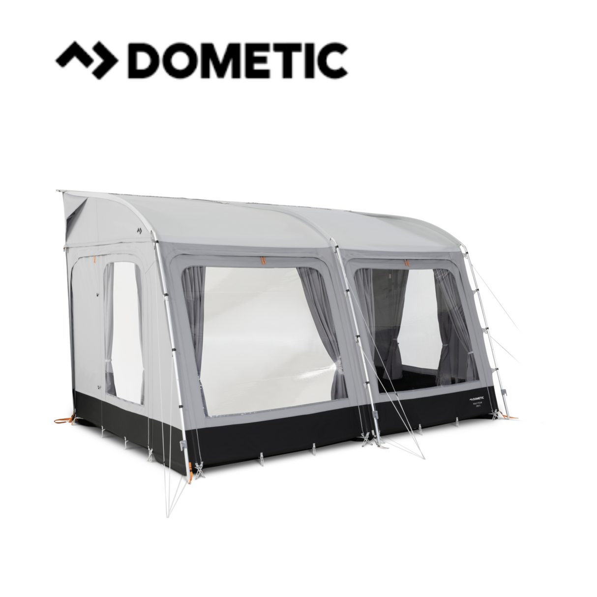 Dometic Rally Tour poled awning set up outside, showcasing its spacious canopy and sturdy pole design.