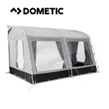 Dometic Rally Tour poled awning set up, showcasing its spacious canopy and sturdy poles in a scenic outdoor setting.