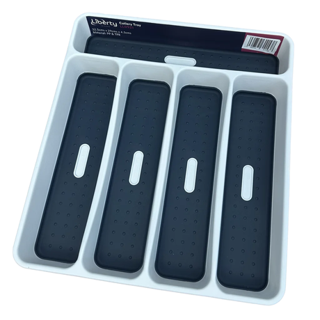 Liberty 5-compartment cutlery tray with organized sections for knives, forks, spoons, and utensils, made of durable plastic.