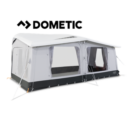 Dometic Residence Air Tour Awning set up on an RV, showcasing its spacious design and air-filled structure.