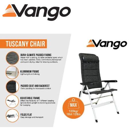 Vango Tuscany aluminium chair with a sleek frame and fabric seat, designed for outdoor or patio use.
