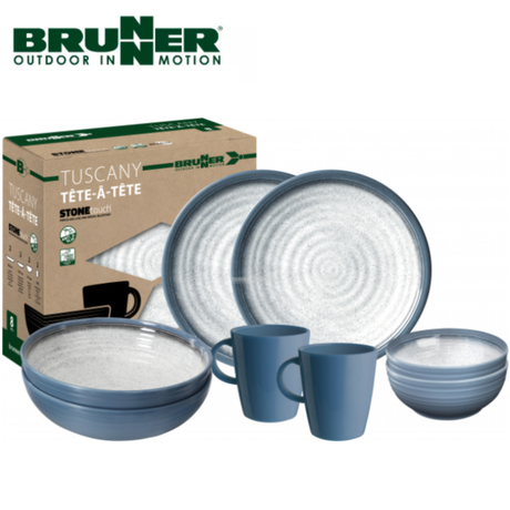 Brunner Tuscany Tete-A-Tete 8-piece melamine dinnerware set with plates, bowls, and cups in a stylish design.
