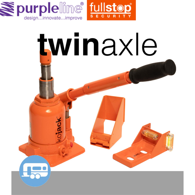 Purpleline Twin Axel KoJack Levelling System featuring adjustable supports for stable leveling of trailers and vehicles.