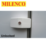 Milenco door frame lock in unlocked position, designed for added vehicle security, shown in a single lock version.